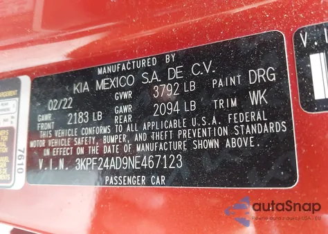 2022 Kia Forte Lxs из США, поврежденный, VIN 3KPF24AD9NE467123